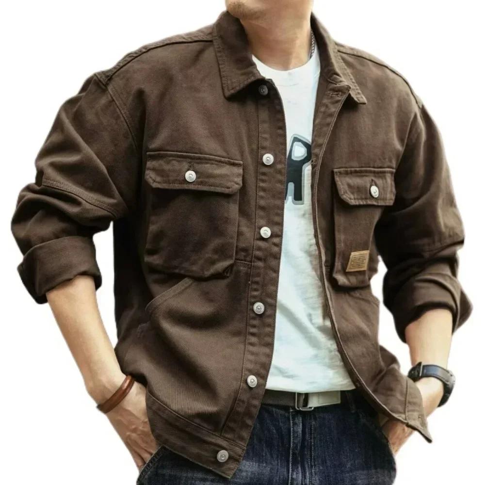 Tendencia de Moda Primavera y Otoño Chaqueta Cargo de Color Sólido para Hombre Casual Holgada Cómoda Alta Calidad Tallas Grandes Abrigo de Mezclilla