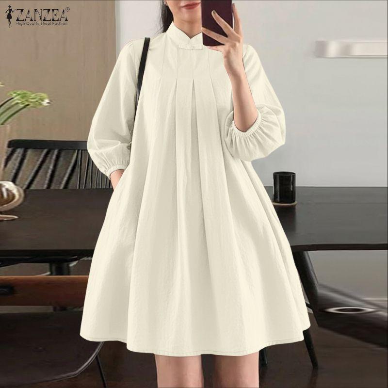 ZANZEA Rochie de vară casual pentru femei, cu guler drept, lejeră, în linie A, cu mânecă 3/4