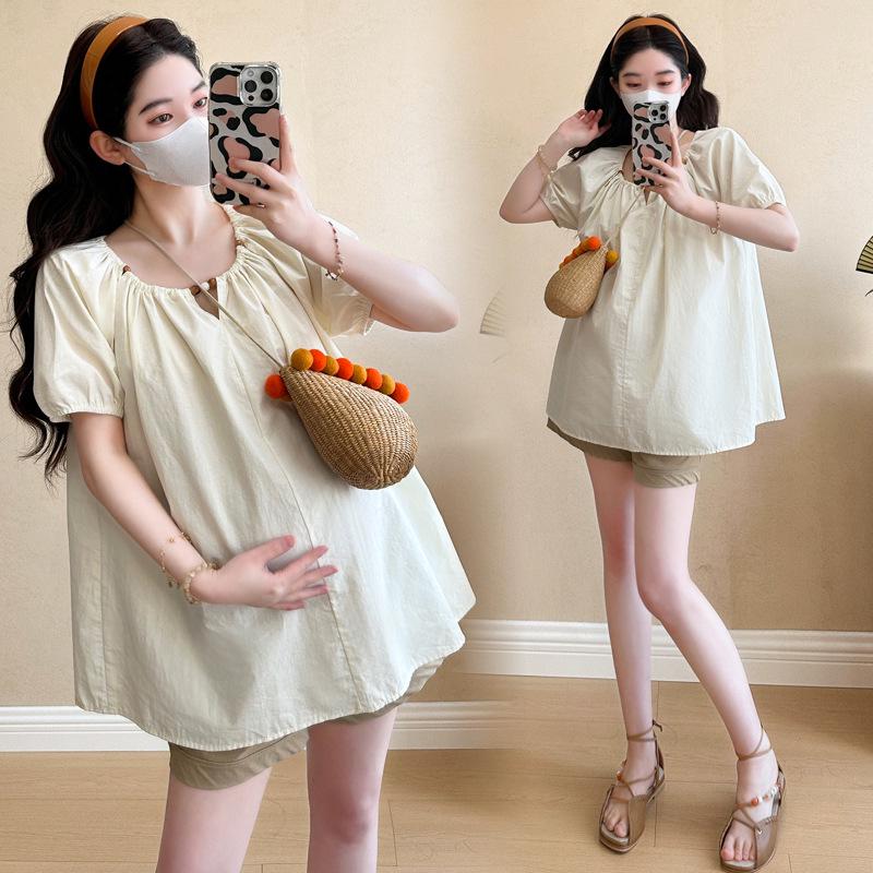 2026 Summer Maternity French Doll Shirt Top & Belly Support Shorts Set