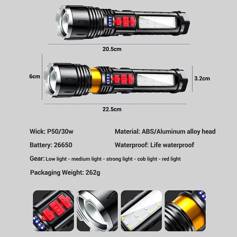 Multi-Functional LED Flashlight Strong Light Tactical Zoom Torch Built-in Battery USB Rechargeable Outdoor Emergency Lantern