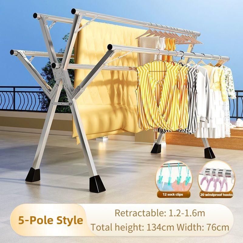 Varal de Roupa de Aço Inoxidável Doméstico Dobrável Cabide Varal Varanda 5 Varas Extensível Ferramenta de Secagem de Roupa
