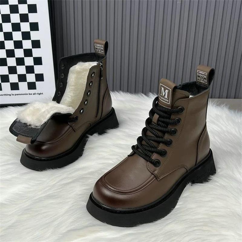 Winter Women's Boots Thick Plush Warm Snow Boots Lace Up Ankle Boot Fashion Casual Leather Boots for Women High Top Cotton Botas