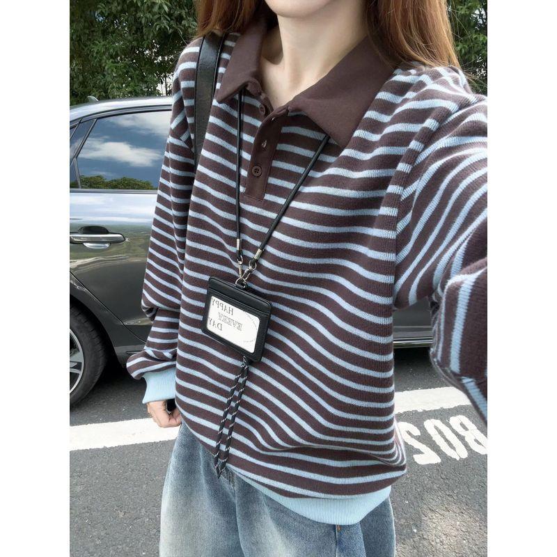 

150kg Plus Size Women s New Polo Collar Striped Sweatshirt 100kg Fat Women s Korean Style High-End Slimming Top Coffee Blue XL