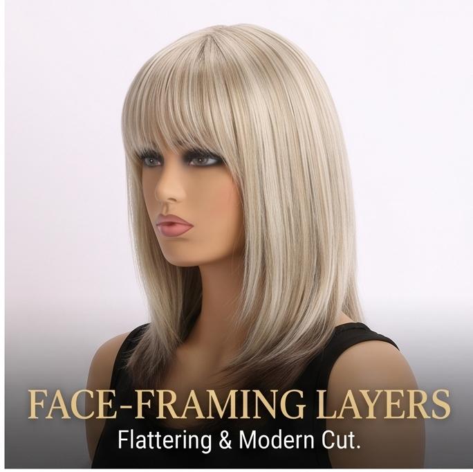 Women's Medium Long Straight Synthetic Wig, Brown Blonde Mix Color, Natural Style, Heat-Resistant Fiber, Adjustable Cap for Daily & Party Occasions