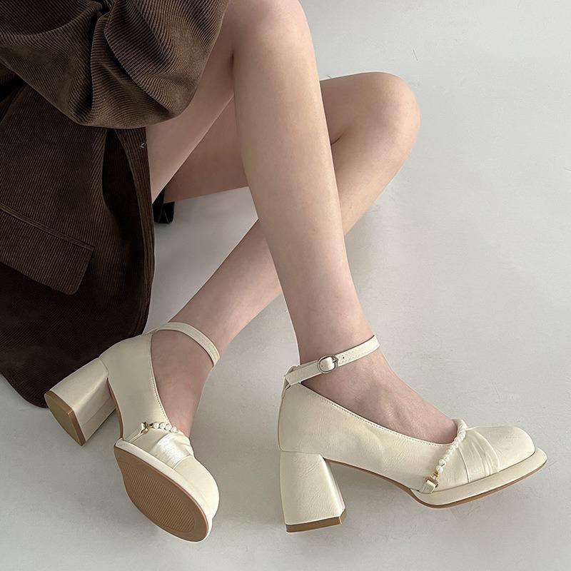 French Mary Janes High Heels Women's Chunky Heeled Shoes Comfortable Daily Wear Leather Single Shoes Beige Black Pumps