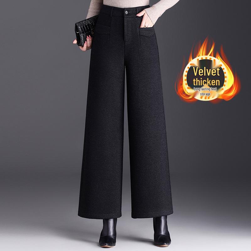 

Women s Coffee Wool Flannel Wide-Leg Pants: New Winter Style, Plus Velvet, Loose Fit, High-Waisted, Slimming, Straight-Leg, Long. Medium темно-сірий