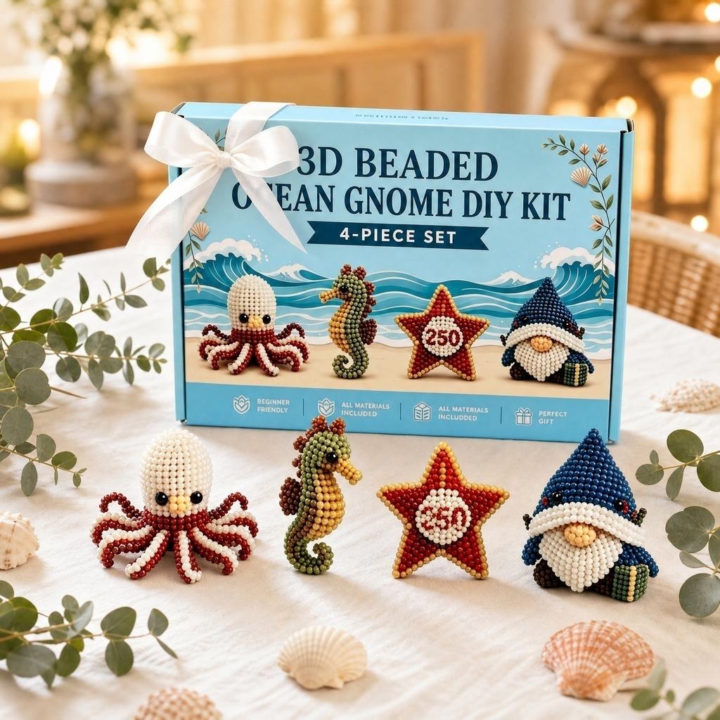 3D Beaded Ocean Gnome DIY Kit 4 Piece Set Includes Octopus Seahorse Starfish and Gnome Figures for Crafting and Decoration