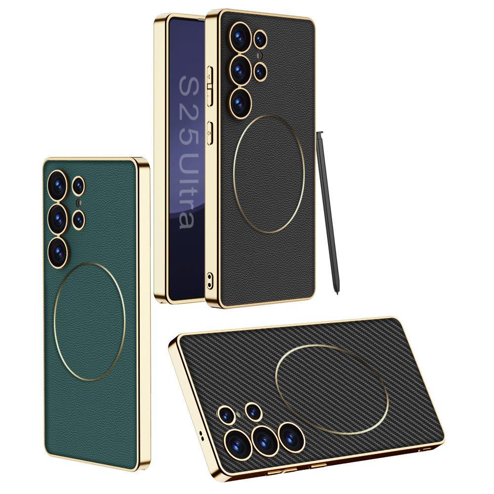 Samsung S25 Ultra Mobile Phone Case S24u Electroplating Plain Leather S23ultra Wireless Charging Anti Fall Protection Case