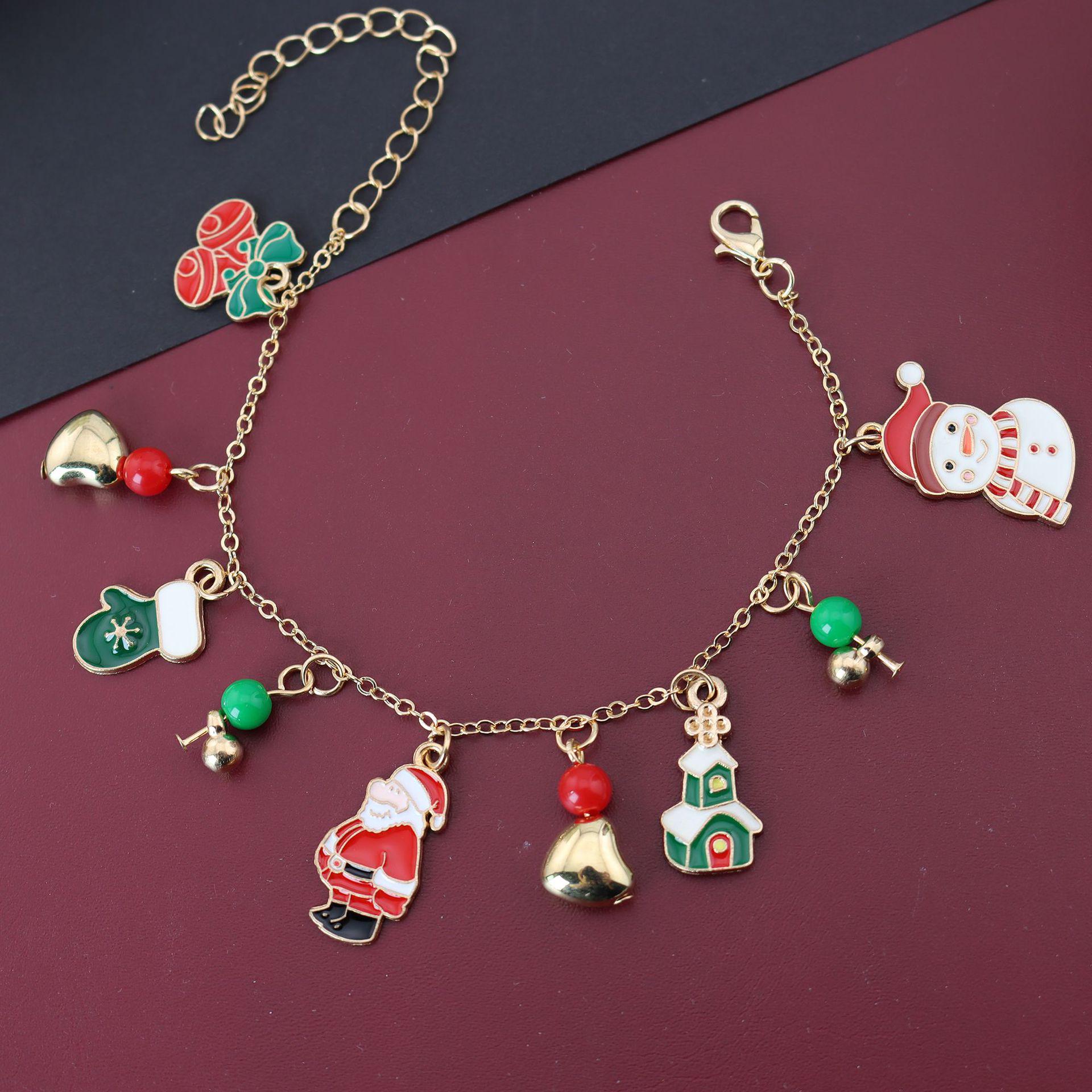 Creative European American Snowman & Santa Claus Christmas Bracelet with Bell & Wreath Pendant