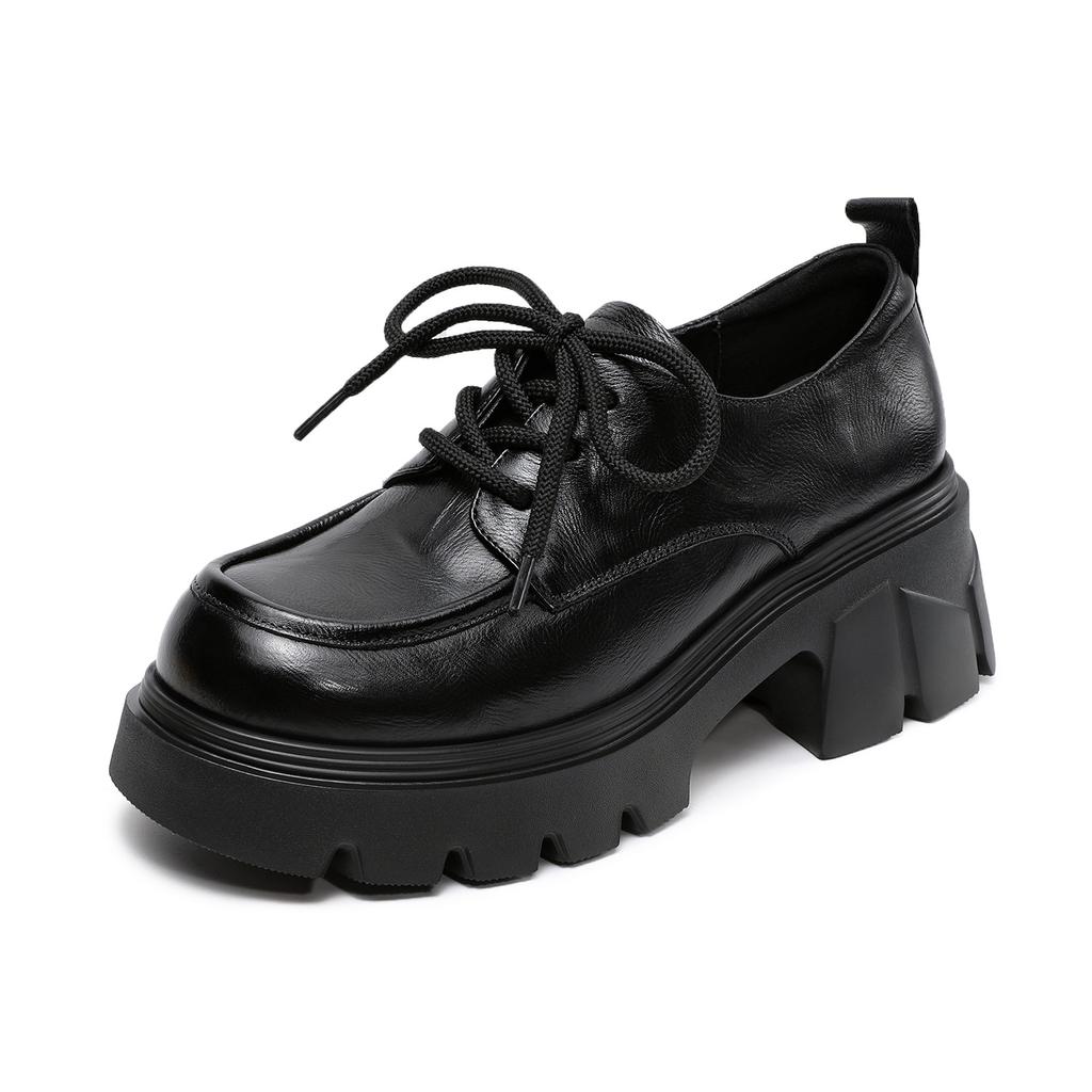 Johnature Genuine Leather Retro Women's Thick Heels Shoes British Style Thick Soled Lace Up Pumps
