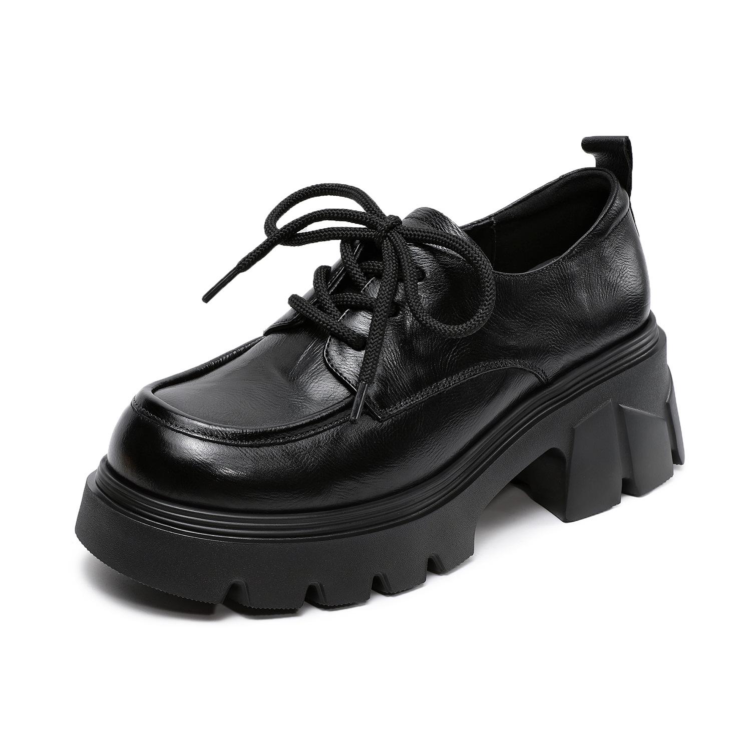 

Johnature Натуральная кожа Ретро Женские туфли на толстом каблуке Британский стиль Толстая подошва Шнуровка Туфли-лодочки 36 чёрный