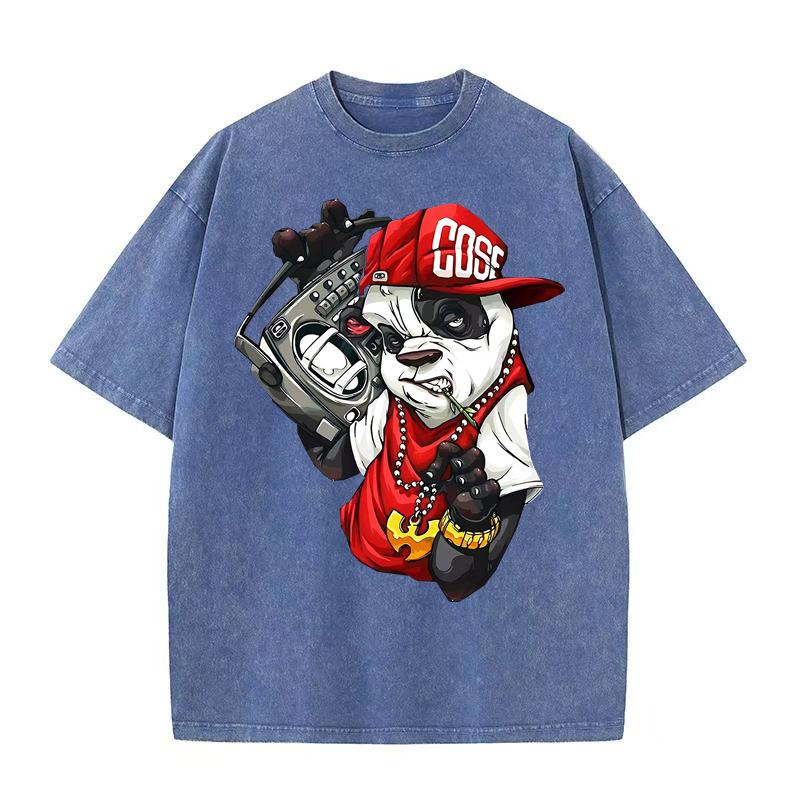 PAmerický retro vzor Hip Hop Medvěd Potisk Tričko Prané Bavlna Krátký Rukáv Letní Streetwear Vintage Unisex Top