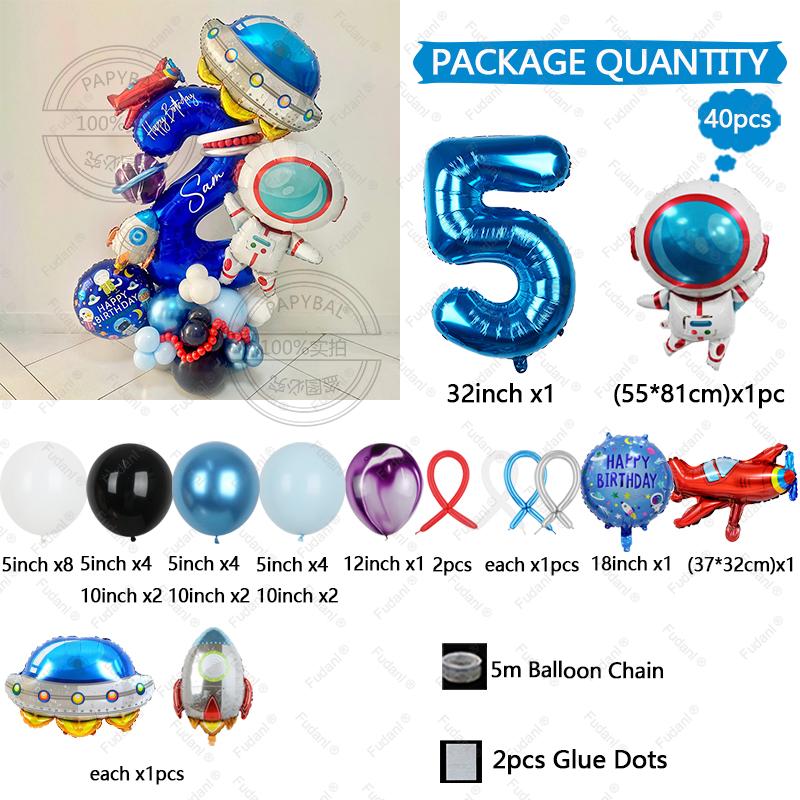 Astronaut Rocket Balloon Blue Space Theme 32inch Number Balloon Set Birthday Party Decoration Children's Baptismal Balloon Gifts