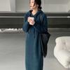 Long Knit Midi Dress With Hooded Neckline Womens Winter Warm A-Line Sweater