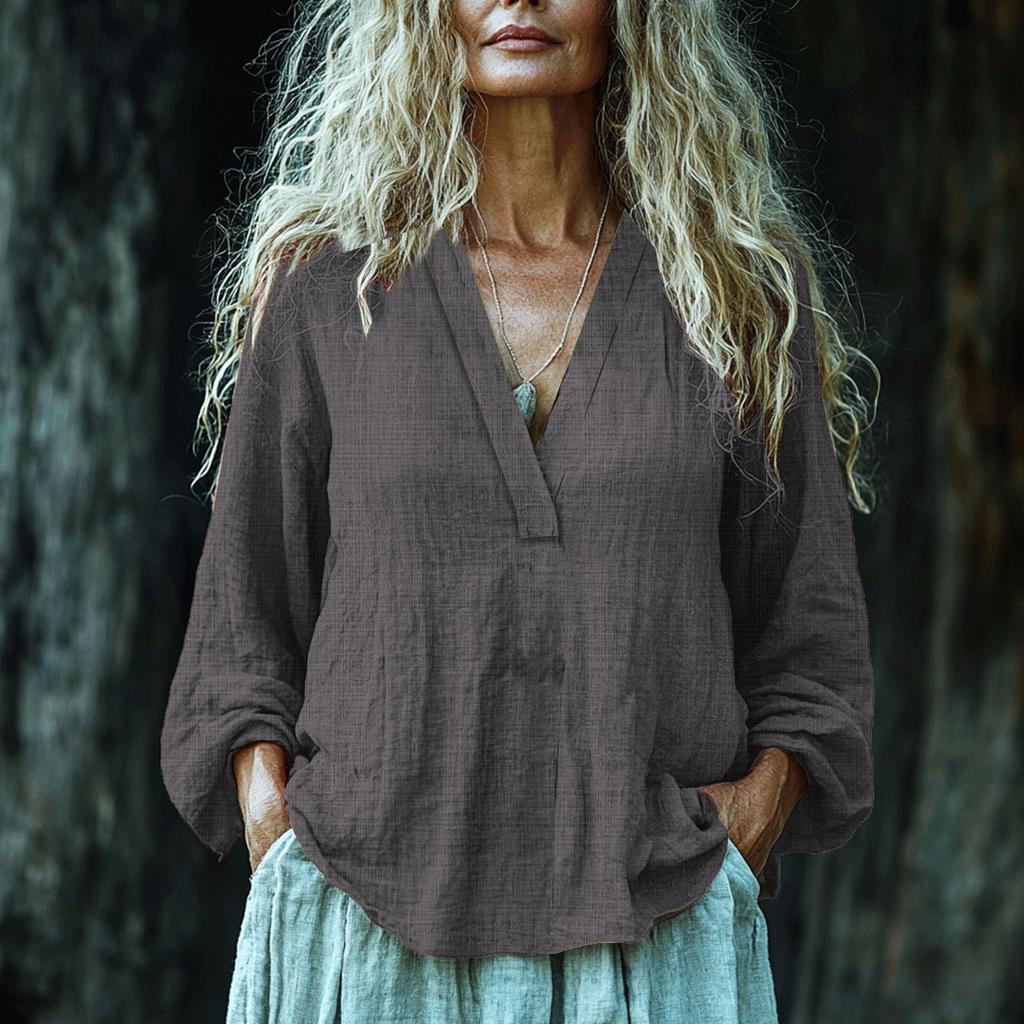 Casual Cotton and Linen Long Sleeved Top Solid Color Simple Women's Blouses & Shirt