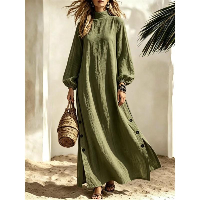 Half Turtleneck Long Dress Side Button Slit Loose Womens Fall Vacation
