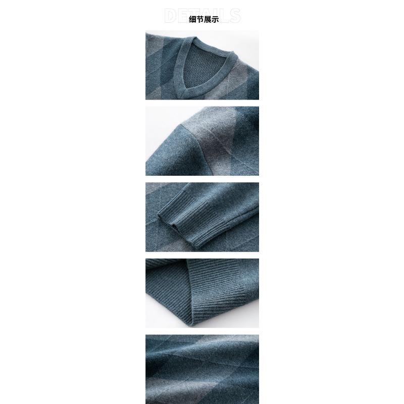 Men S V Neck Long Sleeve Knit Sweater Business Casual Diamond Pattern Pullover