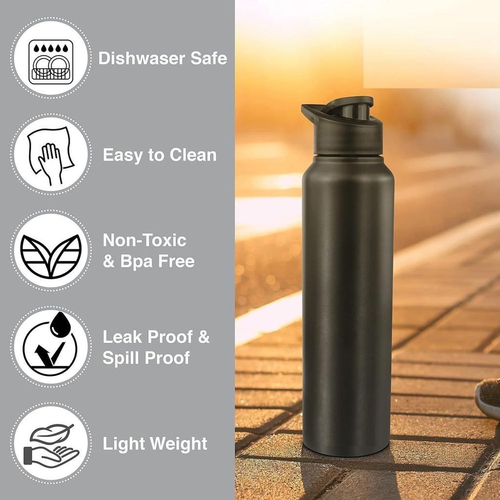 Stainless Steel Water Bottle 1 Ltr For Kids, Boys, Girls, 1 Litre Bottles for Gym, Sports, Fridge Use, School & Office (Sipper Cap - Set of 3, Black)