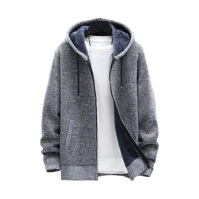 Winter Men Jacket Thickened Fleece Hooded Drawstring Zip-up Long Sleeves Sweater Coat Pockets Elastic Cuff Retro