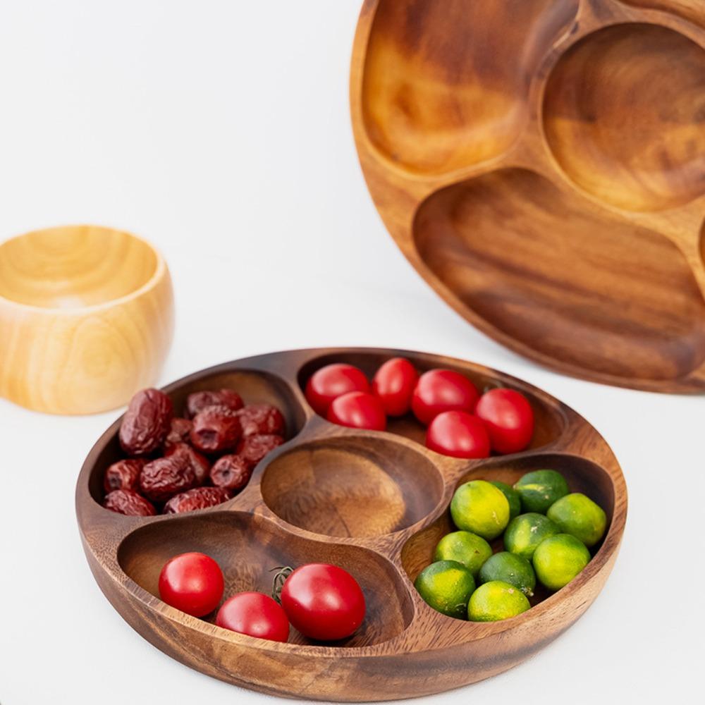 With 5 Dining Grids Food Serving Tray Solid Wood Dried Fruit Plate Perfect Snack Plate Party