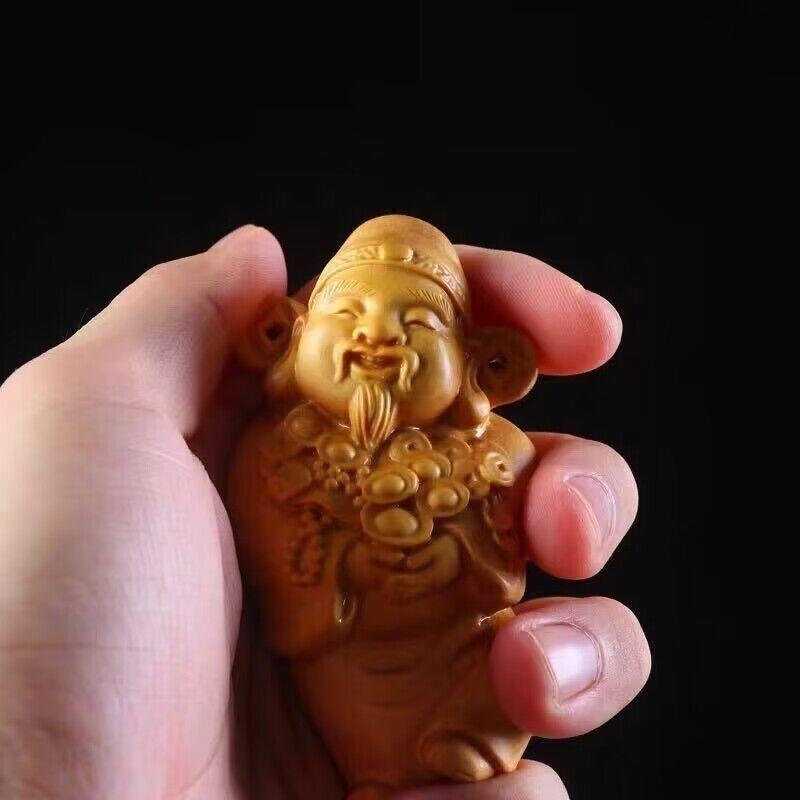Wooden God of Wealth Characters  Small Statue Solid Wood Hand Carving  Home Room Office Lucky Feng Shui Characteristics Statue