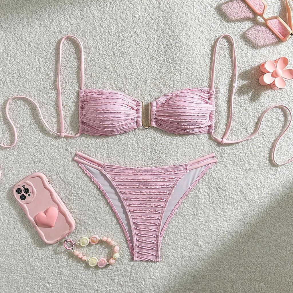 Bikiny s kulatým výstřihem, pomačkané, nařasené, dámské plavky, dvoudílná sada bikin, s vysokým vykrojením, plavky, plavky, plavky