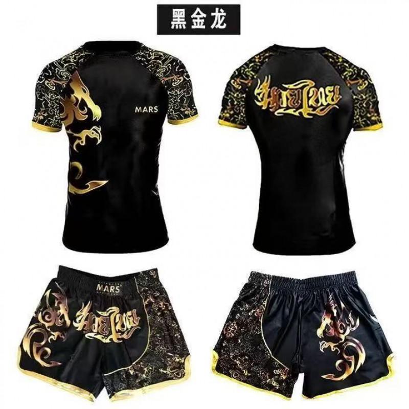 Herren Kompressions MMA Boxen Trainingsset Kurzarm Rash Guard Shorts Kampfsport Fitness