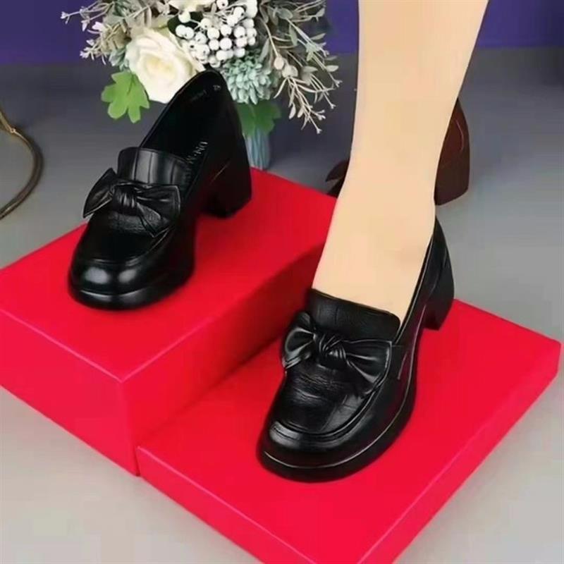 Woodpecker Women's Chunky Heel Bow Loafers - Autumn 2025 Round Toe Mid Heel Shoes