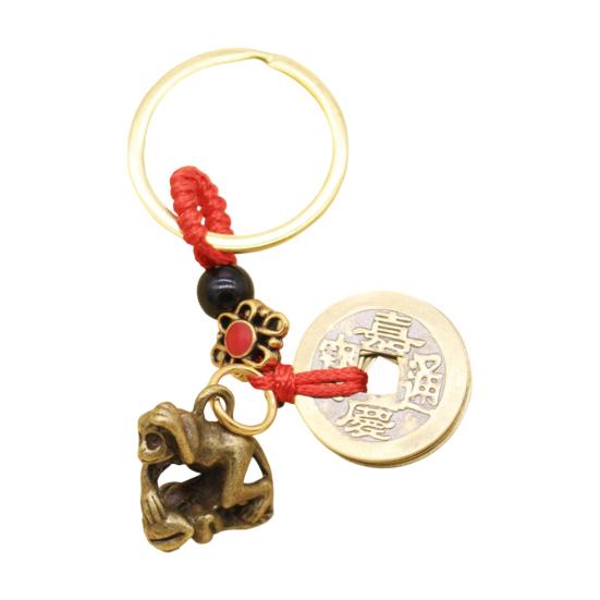 Retro Copper Keychain Pendant with Five Emperors Money Feng Shui Twelve Animal Charm Good Fortune Red Rope Key Chain Bag Car Accessory