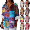 Women's Fashion Casual Button V-Neck Cotton And Linen Printed Seven Sleeve T-Shirt Top