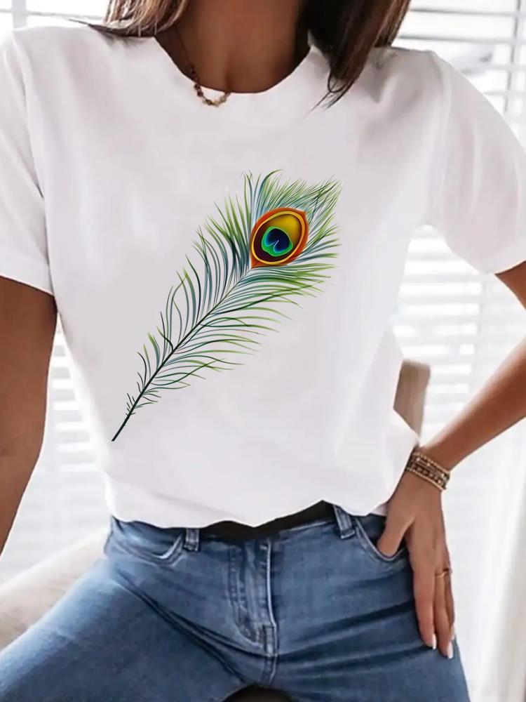 

(Asian Size) Clothing T Shirt Tee Top Women Fashion Female Woman Print feather lovely trend Short Sleeve Graphic T-shirts S