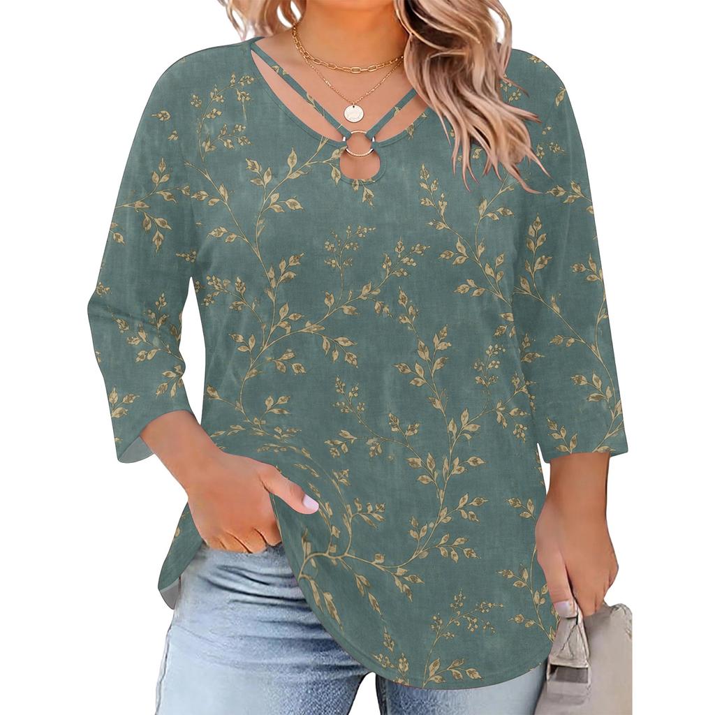 Blusa Floral Feminina Plus Size com Manga Três Quartos, Blusa Casual, Túnica de Corte Amplo para Primavera Verão, Uso Diário, Trabalho e Saídas