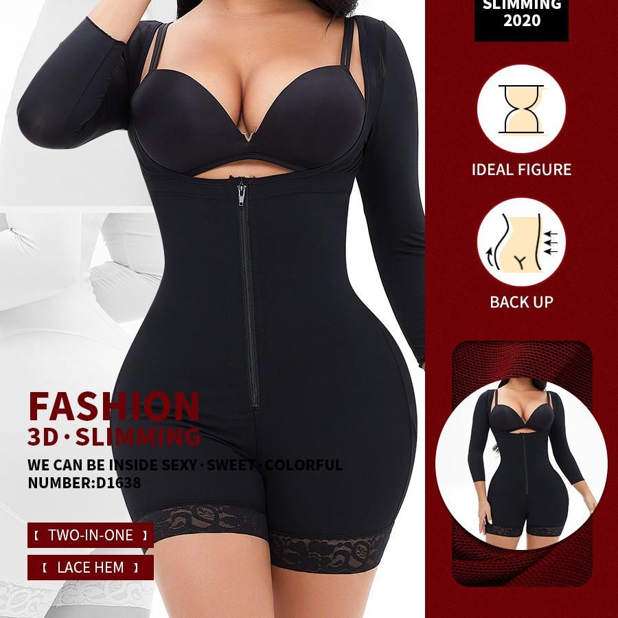 Long Sleeve Adjustable Straps Full Body Shaper, Front Zipper Hook Tummy Control Butt Lifter Shapewear