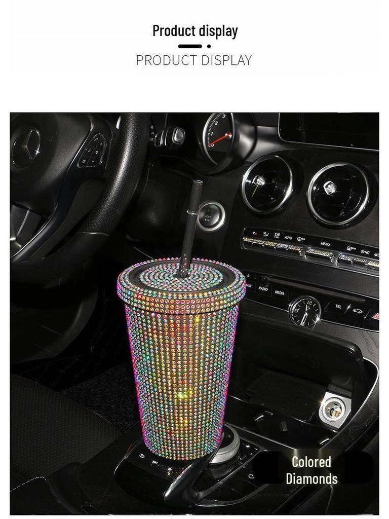 Cană nouă de băut la modă cu strasuri strălucitoare, cu capac și pai, 550ml