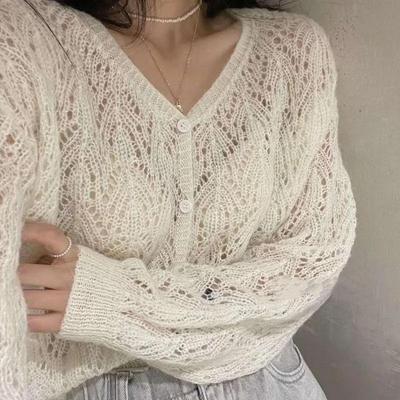 Damen Frühling Herbst Atmungsaktiver V-Ausschnitt Ausgeschnitten Strickjacke Langarm Einreiher Süß Einfarbig Dünnes Oberteil