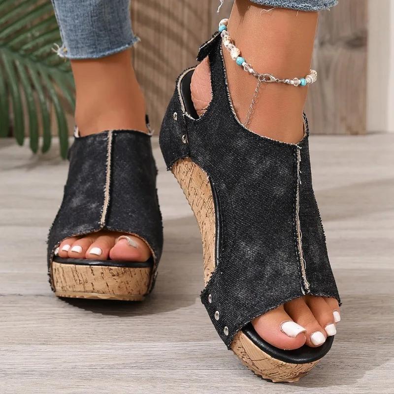 Fashion 2025 Plus Size Female Shoes Open Toe Women's Sandals Summer Denim Daily Sandals Women Round Toe Platform Wedges Shoes Women