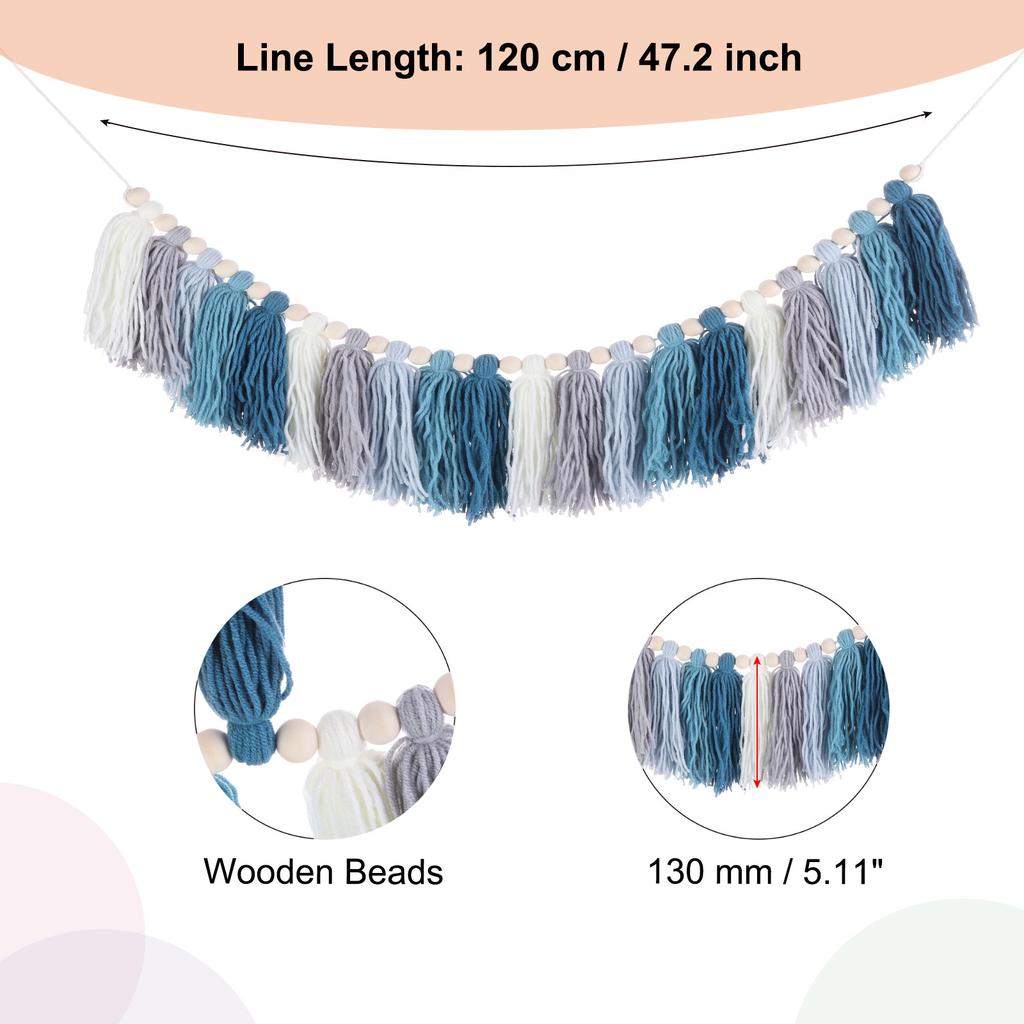 Bohemian Yarn Tassel Garland with Wood Beads 3.9Ft Wall Hanging Tassels Banner Western Room Decor for Bedroom Office Nursery