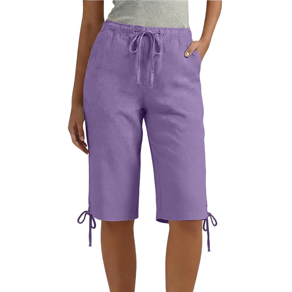 Ladies' casual and fashionable loose waist drawstring five quarter pants with pockets