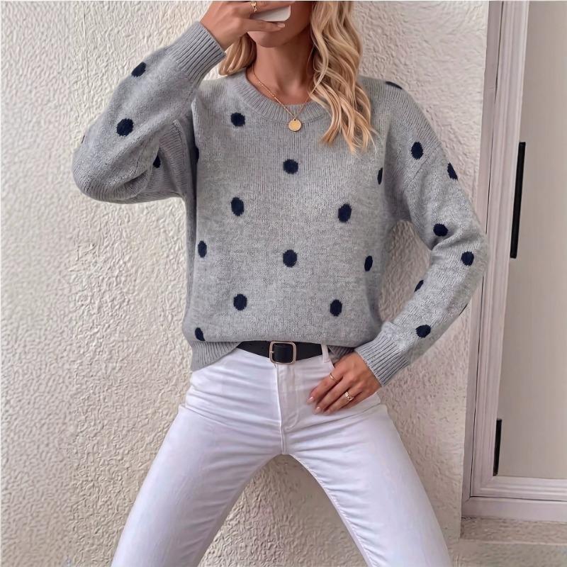 Women S Polka Dot Jacquard Knit Loose Long Sleeve Pullover Sweater