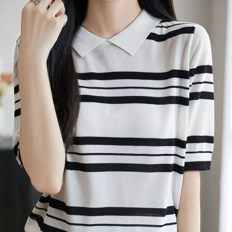 Womens Striped Polo Neck Short Sleeve Knit T Shirt M белый