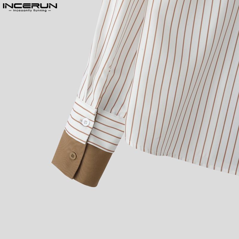 INCERUN Men's Lapel Long Sleeve Fake Two-piece Striped Print Button Up Shirts Tops