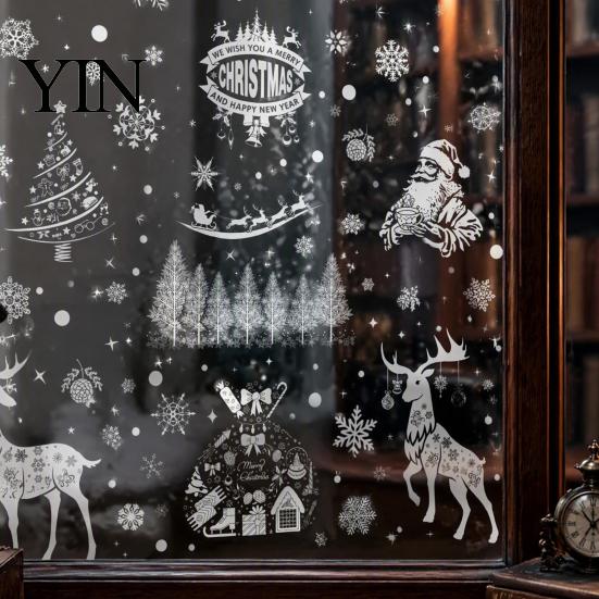 Removable Holiday Glass Decorations 6Pcs Christmas Window Clings, Retro White Line Static Sticker for Snowflake Stickers Decoration, Reusable PVC Elk