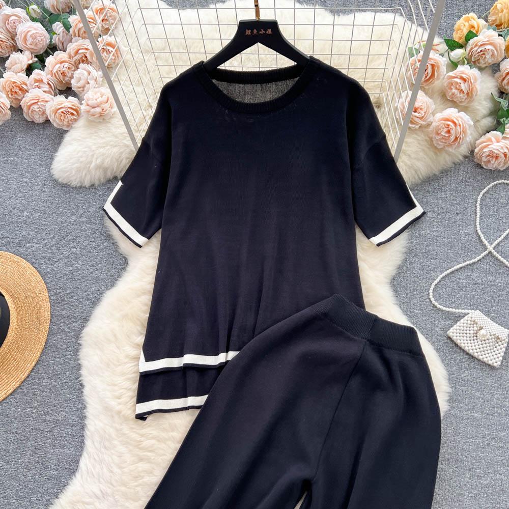 Basic O-hals Vår Sommar Kvinnor Stickad Tröja Set Mode Lös Casual Tvådelad Kortärmad Träningsoverall Dambyxdräkt