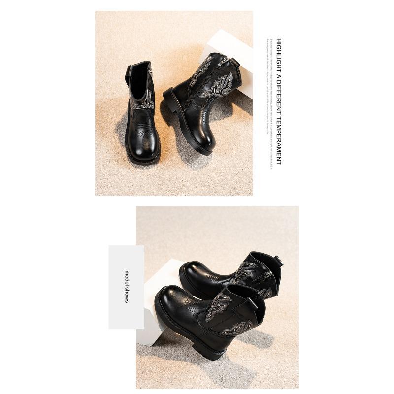 American Retro Girl Boots Princess Embroidery New Leather Boots Children Fashion Leather Boots Knight Boots