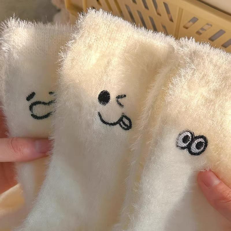 Dame Høst Vintersokker Søt Mønster Pluss Fløyelssokker Hvite Ekspresjons Midtube Sokker