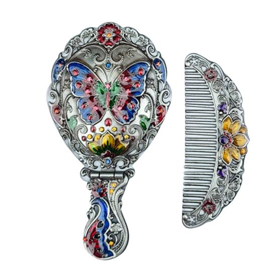 Vintage Folding Hand Mirror with Carved Comb Portable Travel Long Handle Metal Makeup Mirror Women Decorative Handheld Desk Vanity Mirror