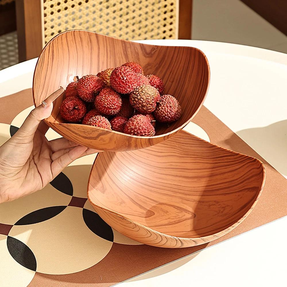 Retro Creative Plastic Dining Plate Imitation Wood Grain Snack Fruit Dish Storage Tabletop Decor Home Hotel Supplies