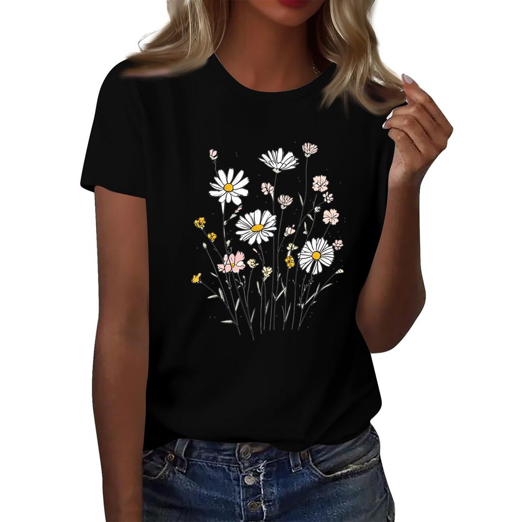 Women's Fashion Casual Printed Round Neck Short Sleeved T-Shirt Top T-Shirt Top Top