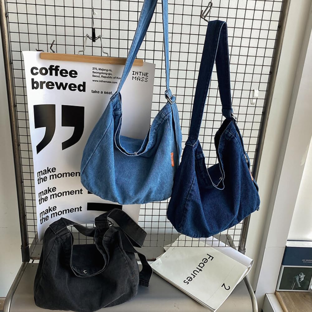 Denim Women's Shoulder Bag, Tote Bag, Messenger Bag, Crossbody Bag, Simple, Solid Color, Casual, Large Capacity, Remade Style (Light Blue)
