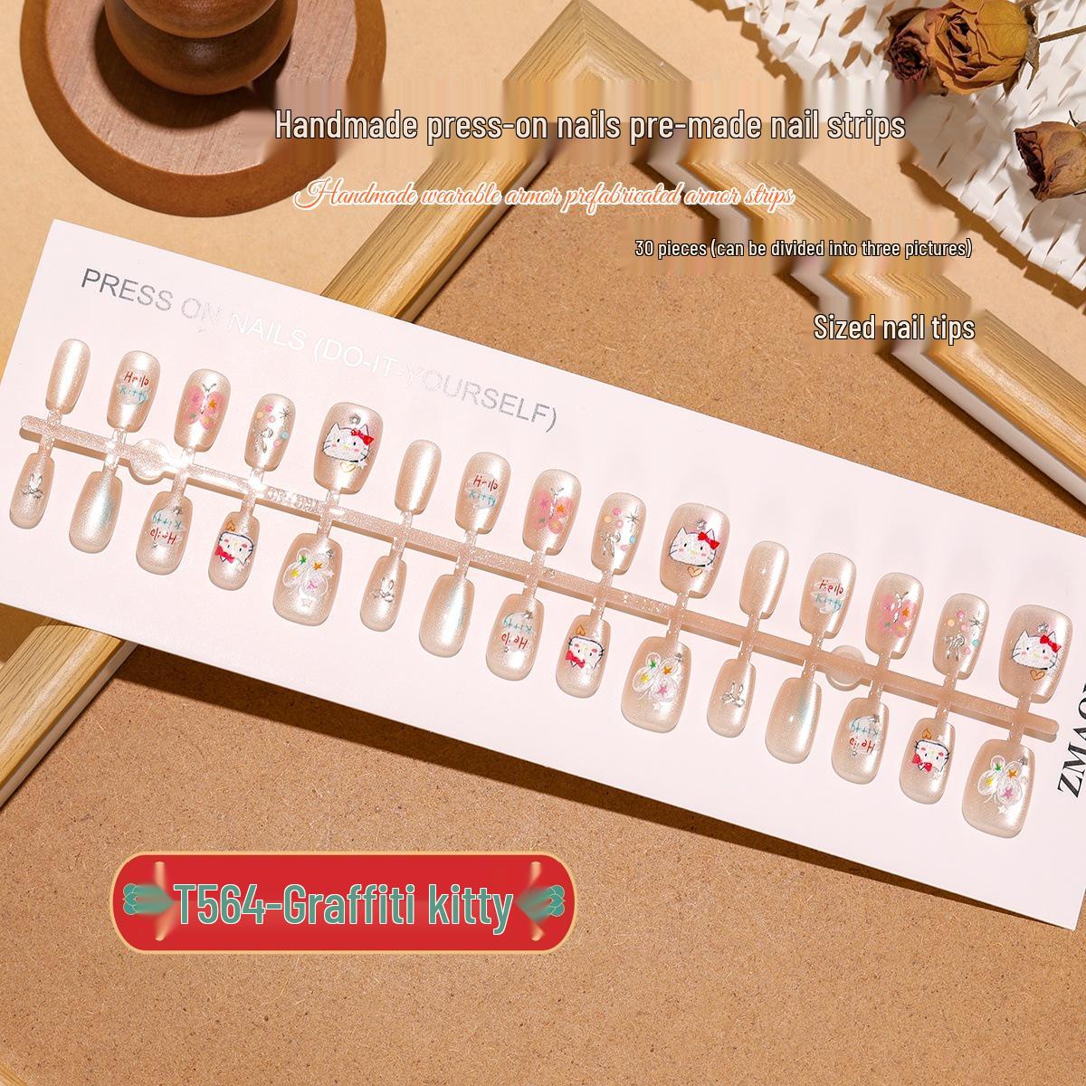 

Graffiti Kitty Cartoon Super Cute Cat Eye Wear-On Nails, 30-Piece Set Full Set XS/S/M